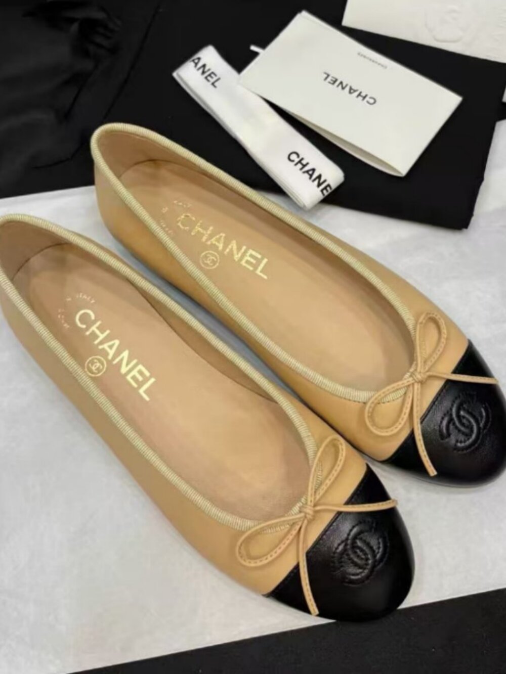 Chanel Beige/Black CC Ballerina Flats
